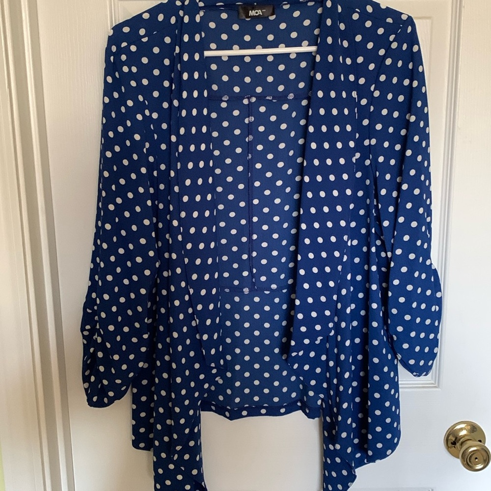 Royal blue cardigan with white polkadots size large